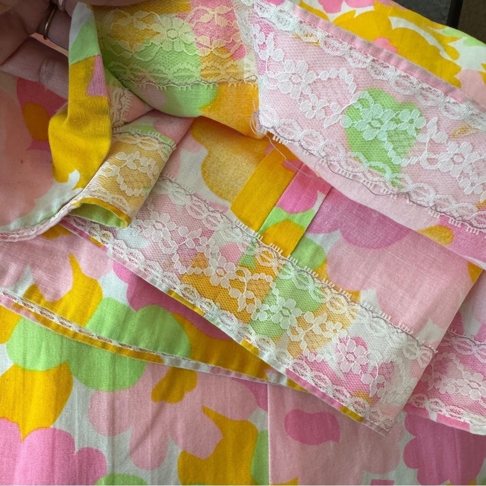Vintage Handmade 70s Floral Maxi Dress Pink Orange Green Cotton V-Neck Zip Back - Picture 10 of 15